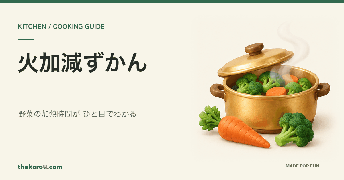 火加減ずかん — 野菜と鍋、加熱時間ガイド